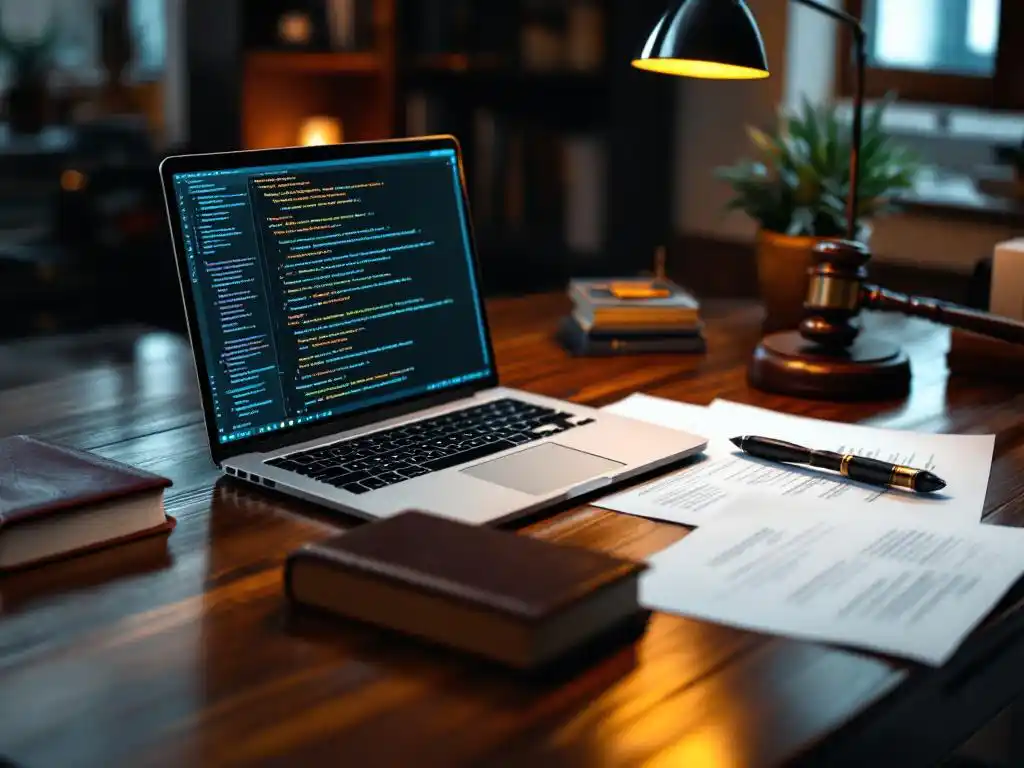 Advocatenbureau met laptop met code, wetboek, hamer op juridische documenten, verlicht door bureaulamp