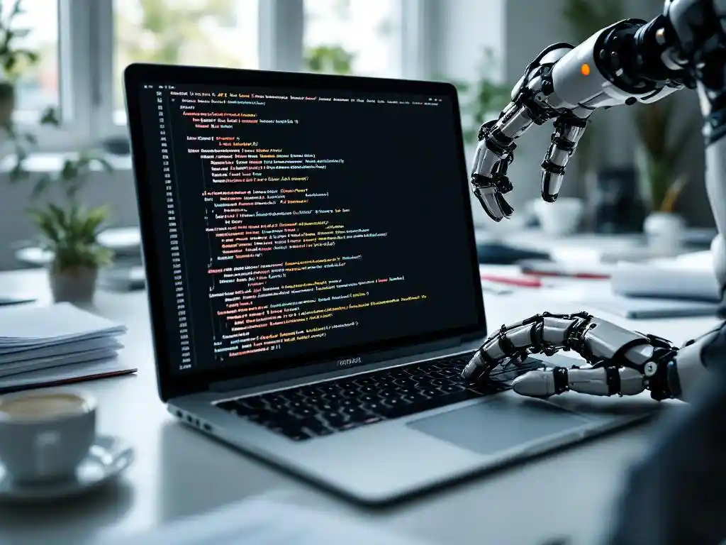 Laptop met API-testcode op scherm, robotarmen bedienen toetsenbord en muis, testdocumentatie en koffiekop op bureau