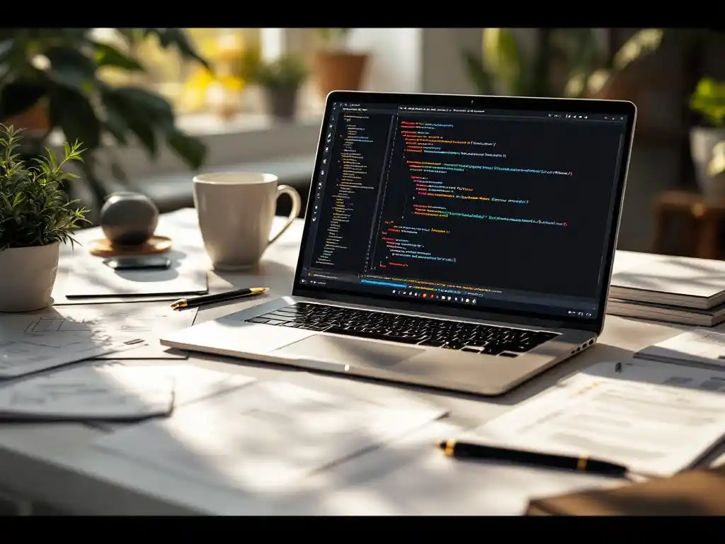 Laptop met kleurrijke geautomatiseerde testcode op scherm, omringd door papieren testdocumenten op wit bureau