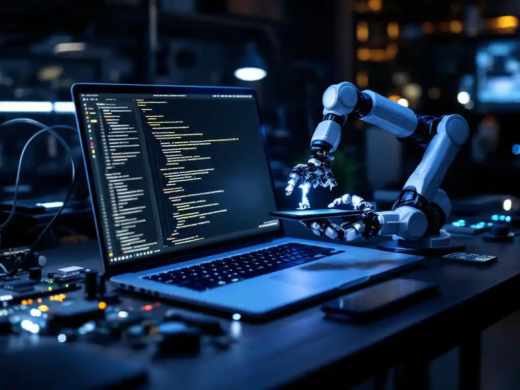 Laptop met code op scherm en robotarm die smartphone test op moderne werkplek met blauwe LED-verlichting