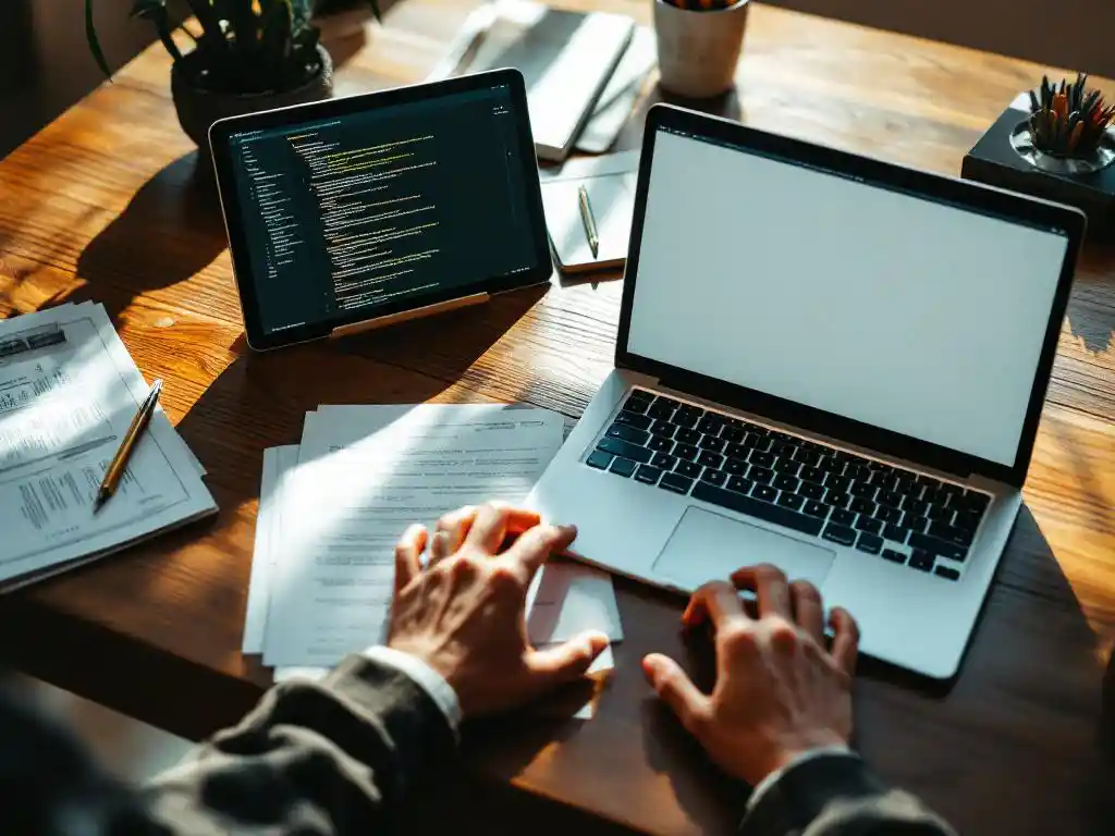 Handen reiken naar open laptop met code en software-pakket op houten bureau met papieren documenten in natuurlijk licht