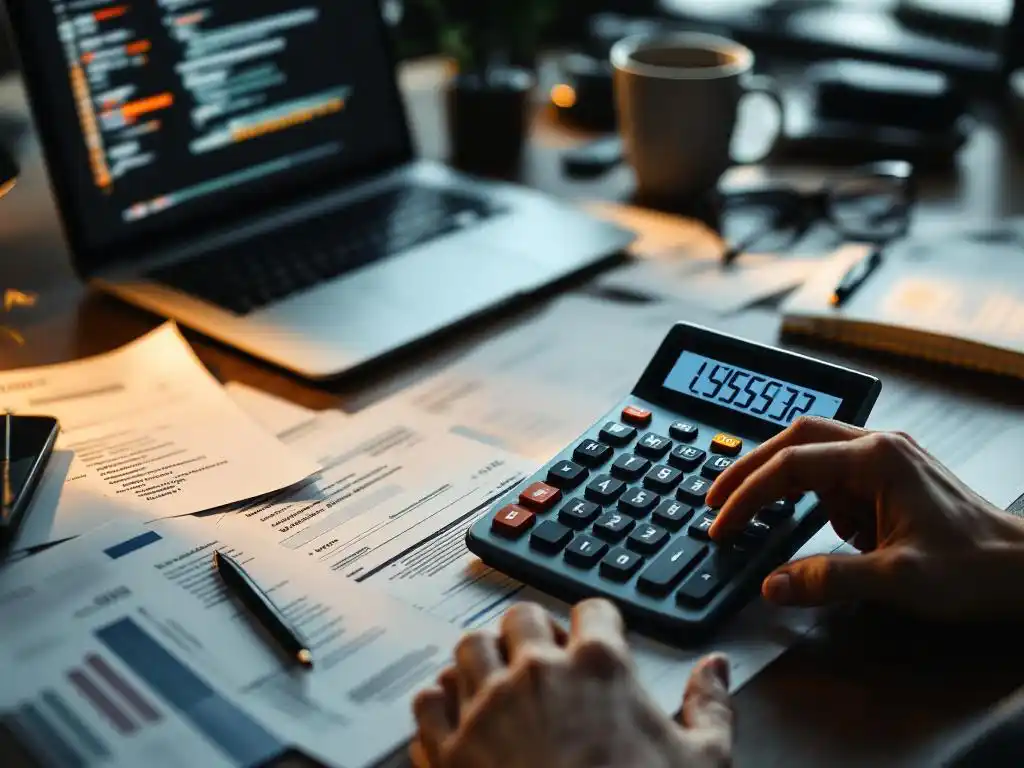 Professionele bureaurekenmachine met facturen, kostenanalyse spreadsheets en laptop met automatiseringsscripts