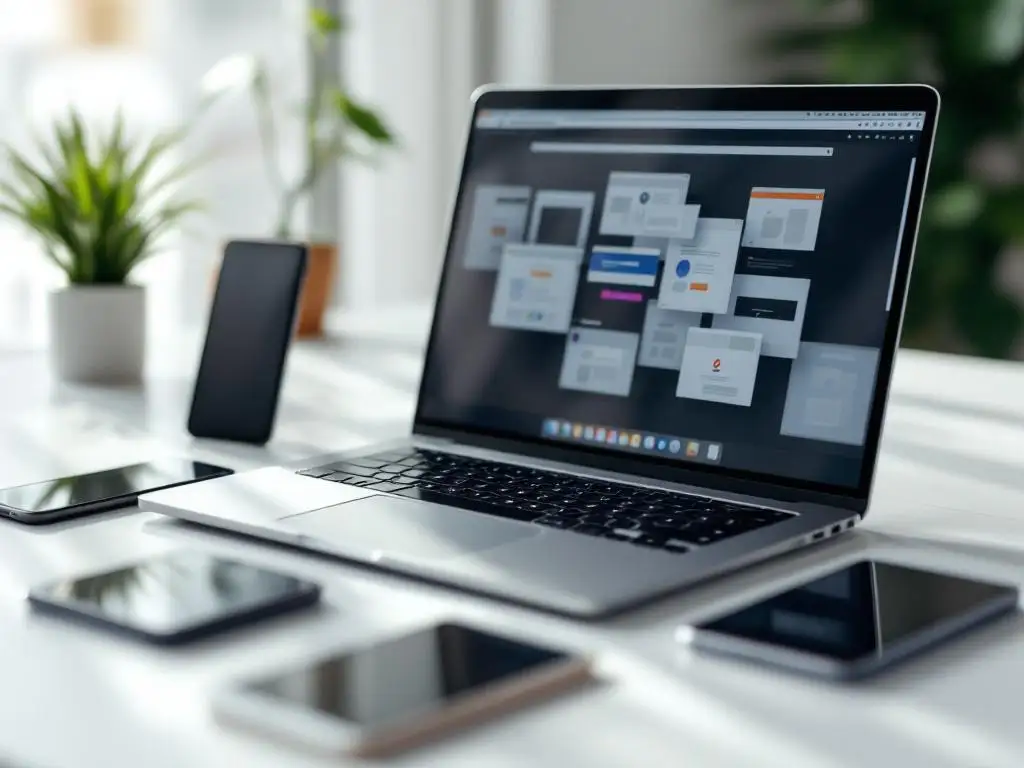 Moderne laptop met meerdere browservensters omringd door smartphones en tablets op wit bureau voor responsive testing