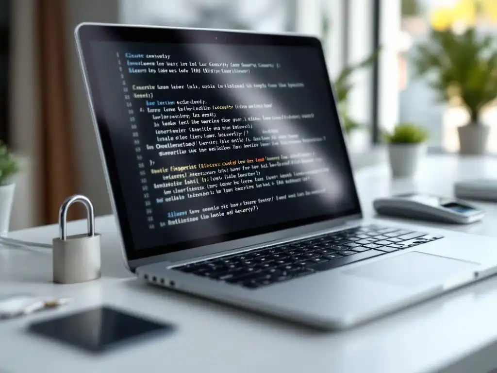 Laptop met beveiligingscode op scherm omringd door hangslot, keycard en vingerafdrukscanner op wit bureau