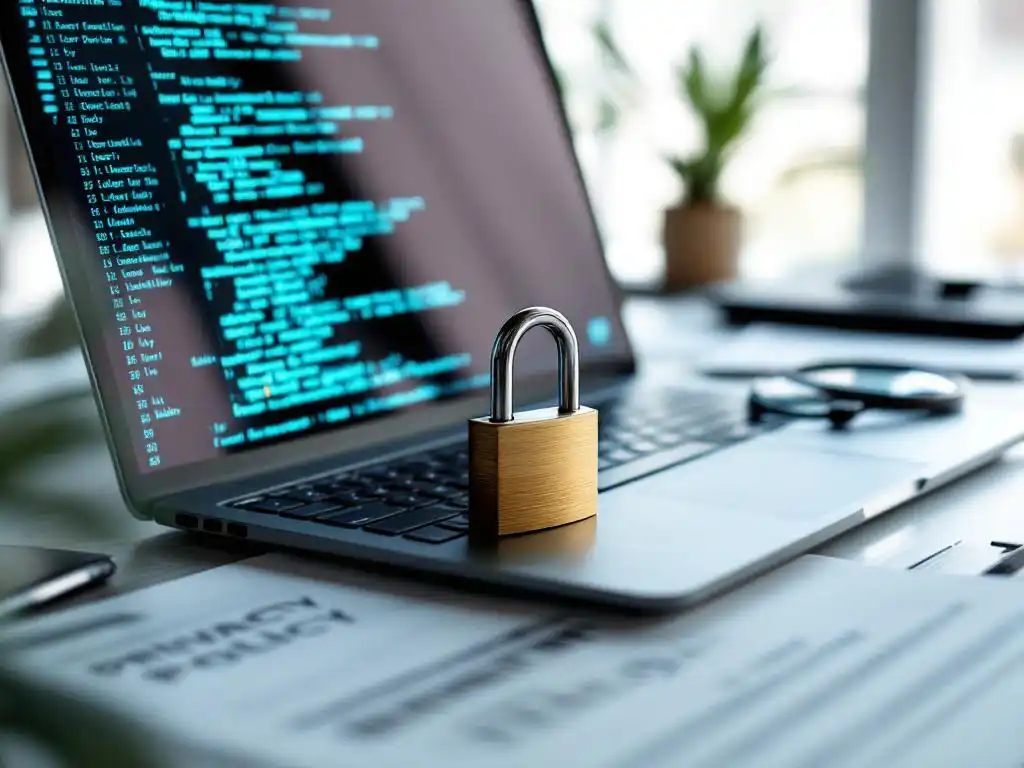 Laptop met code op scherm en hangslot op toetsenbord, omringd door privacydocumenten en vergrootglas op bureau