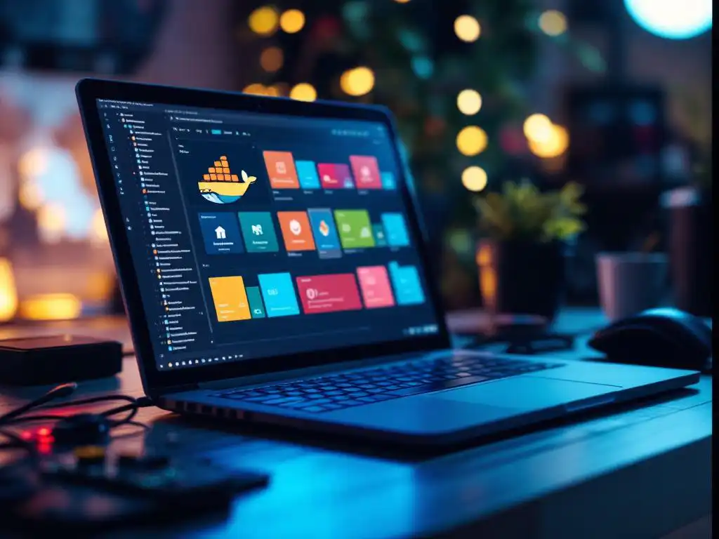 Laptop met Docker container iconen op scherm op ontwikkelaar bureau met circuit board en USB kabels