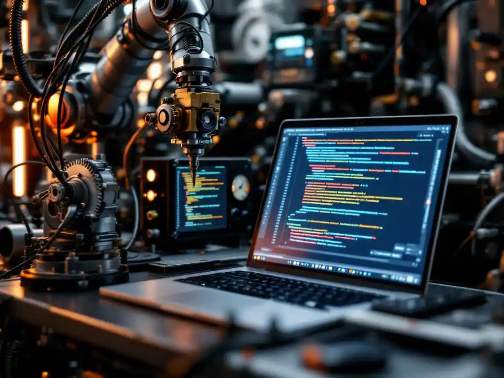 Moderne laptop met kleurrijke testcode op scherm, omgeven door mechanische testapparatuur met tandwielen en robotarm