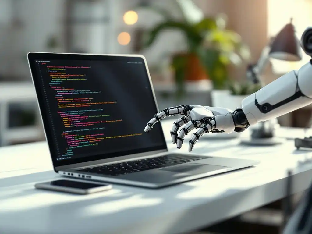 Robotarmen voeren geautomatiseerde tests uit op smartphone naast laptop met code op modern bureau