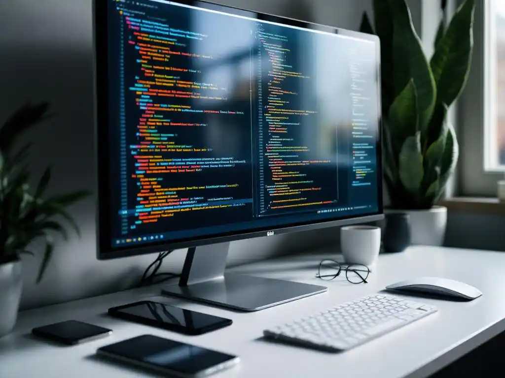 Computermonitor toont kleurrijke testcode met mobiele apparaten en tablets eromheen op wit bureau