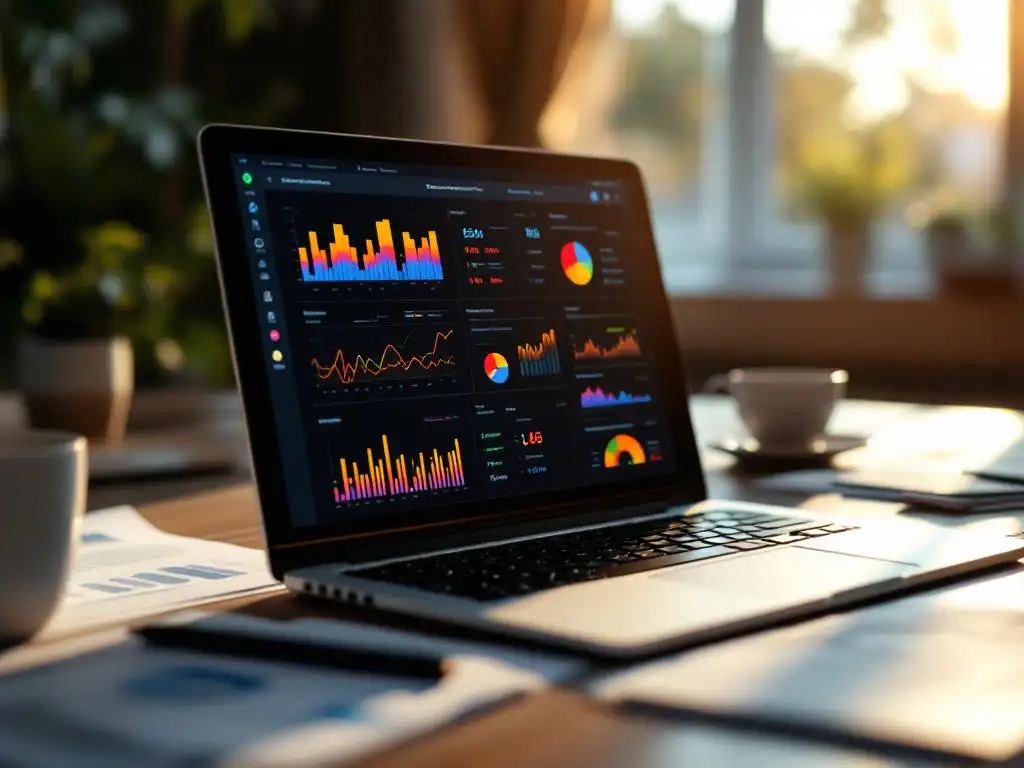 Laptop toont kleurrijke geautomatiseerde testdashboards op modern bureau met rapporten, koffiekop en natuurlijk licht