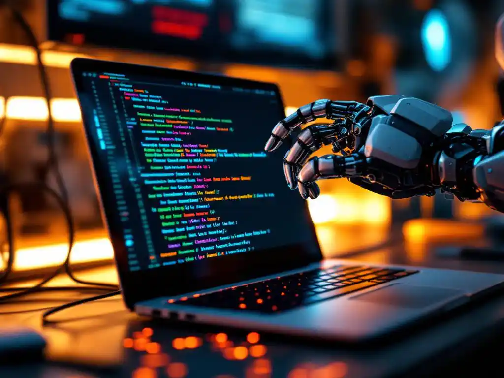 Laptop met kleurrijke testcode op scherm, robotarm houdt computermuis vast, circuitbordpatronen op bureau zichtbaar