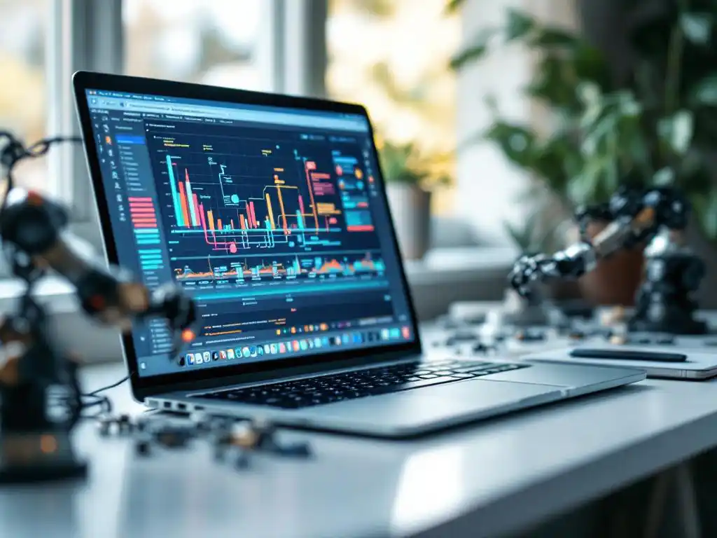 Moderne laptop toont kleurrijke geautomatiseerde testpipelines op scherm, robotarmen rangschikken tandwielen op wit bureau