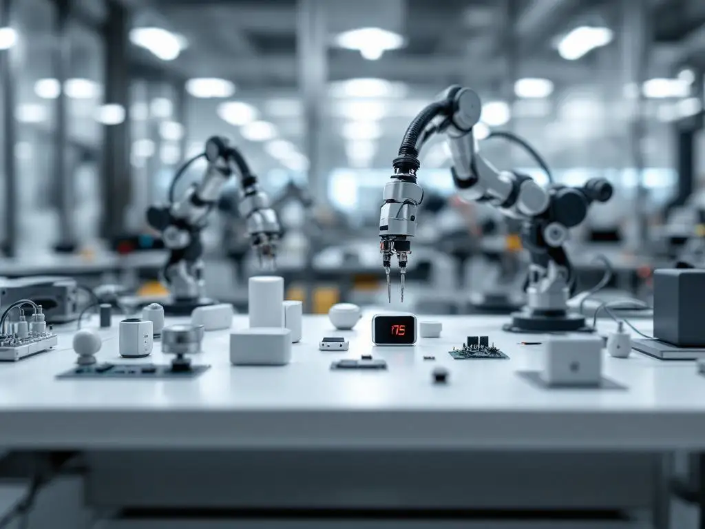 Geautomatiseerde robotarmen testen IoT-apparaten op moderne laboratoriumwerkbank met slimme sensoren en draadloze modules