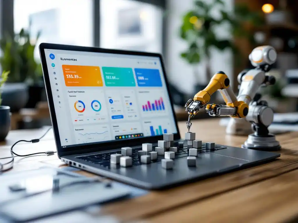 Laptop met kleurrijke Kubernetes dashboard op moderne bureau met Docker containers als metalen kubussen en geautomatiseerde testpijplijnen