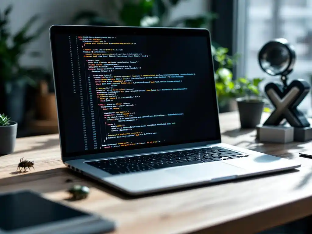 Laptop met code op scherm op bureau met tijdlijn van bug-figuurtje naar testapparatuur tot vinkje in modern kantoor