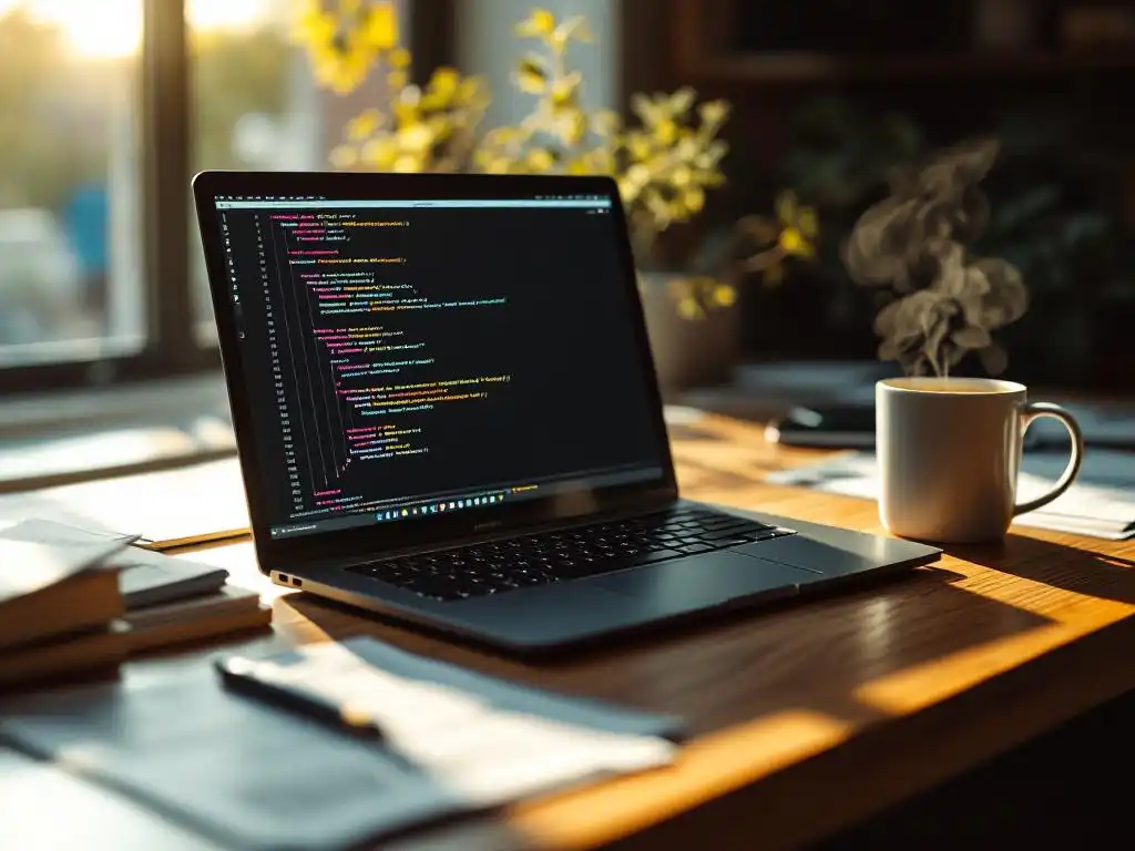 Moderne laptop met kleurrijke code op scherm op houten bureau met testdocumenten en koffiemok in natuurlijk licht