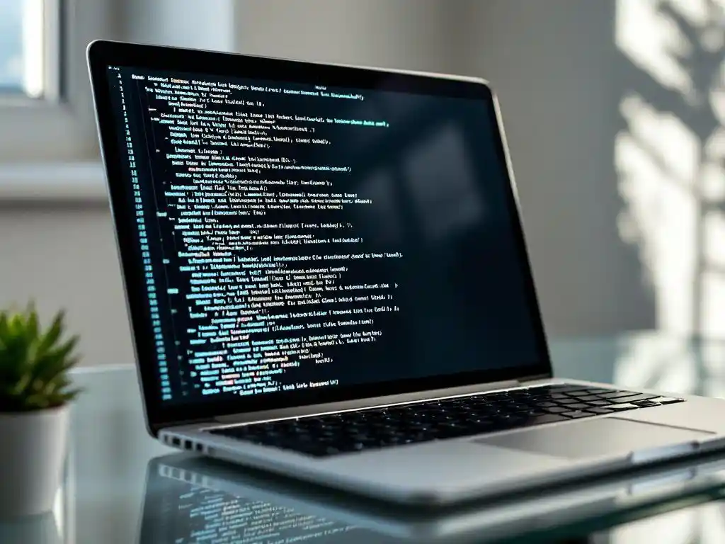Laptop met code op scherm op glazen bureau naast vetplant in minimalistisch kantoor met natuurlijk licht