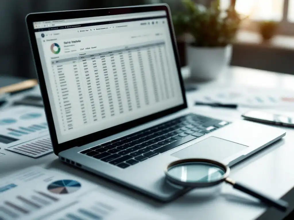 Laptop met spreadsheets op scherm omringd door testdocumenten en grafieken op wit bureau, vergrootglas op data