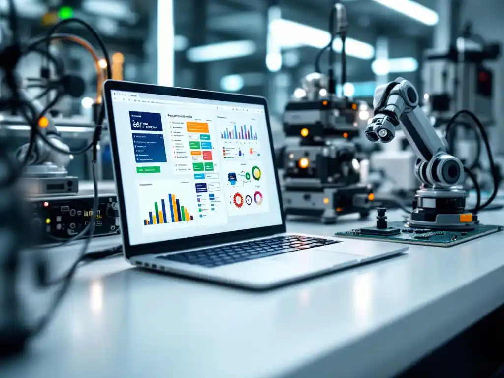 Laptop met kleurrijke databaseschema's op scherm omringd door geautomatiseerde testapparatuur op laboratoriumwerkbank