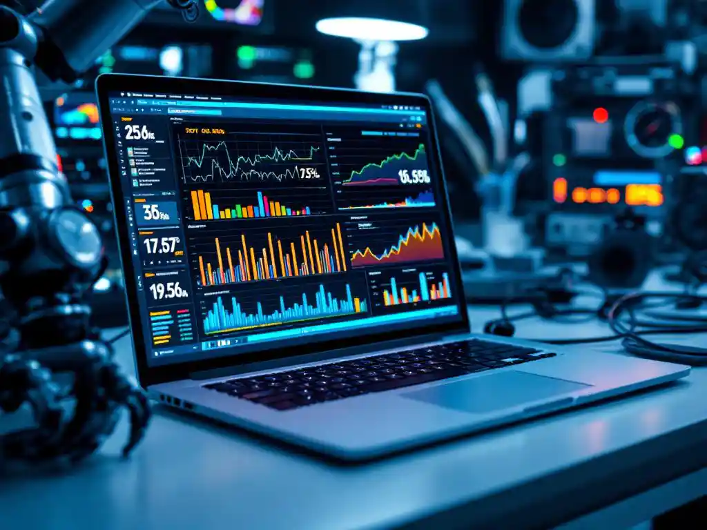 Moderne laptop toont kleurrijke prestatiegrafieken op scherm, omringd door geautomatiseerde testapparatuur op wit bureau