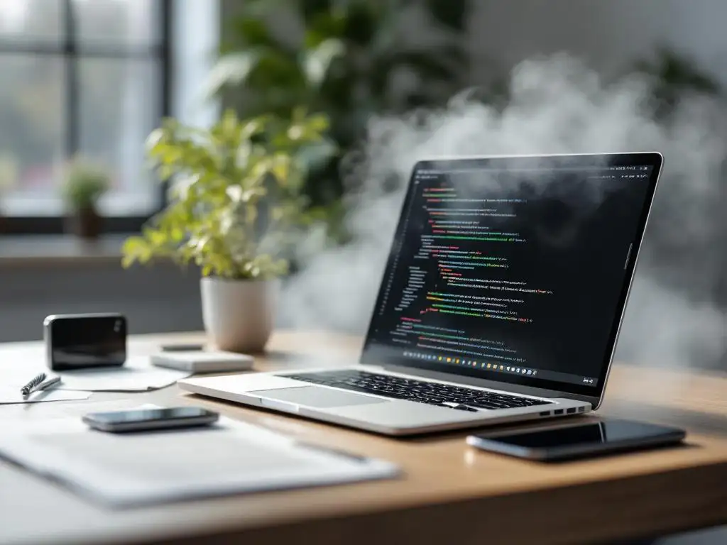 Laptop met code op scherm op modern bureau met testdocumenten en mobiele apparaten, natuurlijk licht door raam