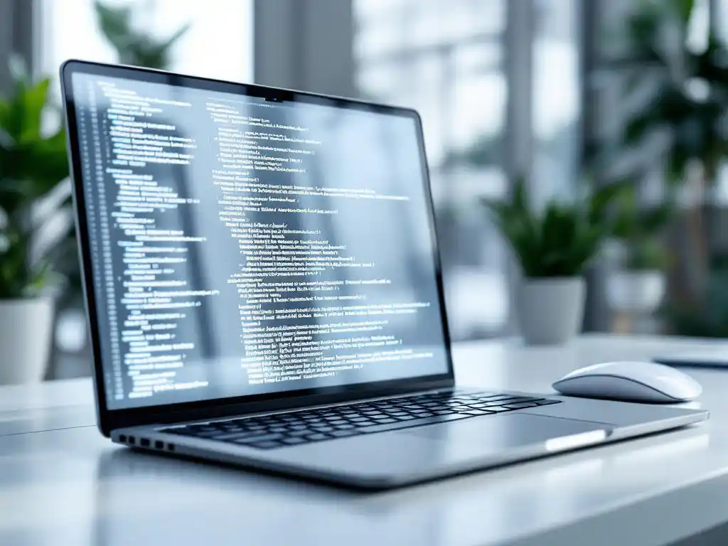 Moderne laptop met programmeercode op transparant scherm, witte bureauopstelling met spookvormige muis, natuurlijk licht