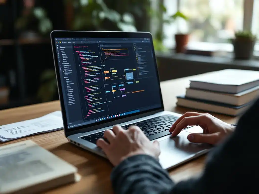 Laptop met kleurrijke stroomdiagrammen op scherm, handen boven toetsenbord, programmeerboeken op modern bureau