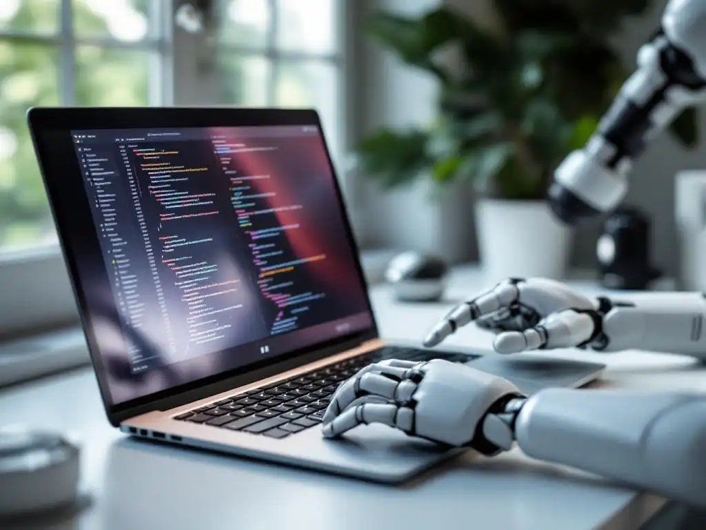 Moderne laptop met kleurrijke code-interfaces op scherm, robotarm wijst naar toetsenbord op wit bureau