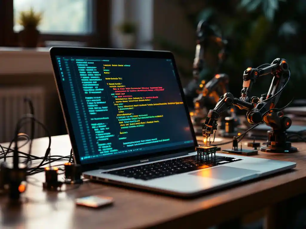 Laptop met kleurrijke code op scherm op bureau, kleine robotarmen werken aan printplaten, kabels en testapparatuur