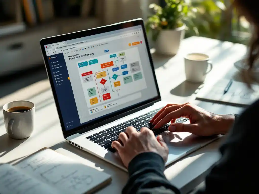Handen boven laptop toetsenbord met drag-and-drop testinterface op scherm, koffiekop en notitieblok op wit bureau