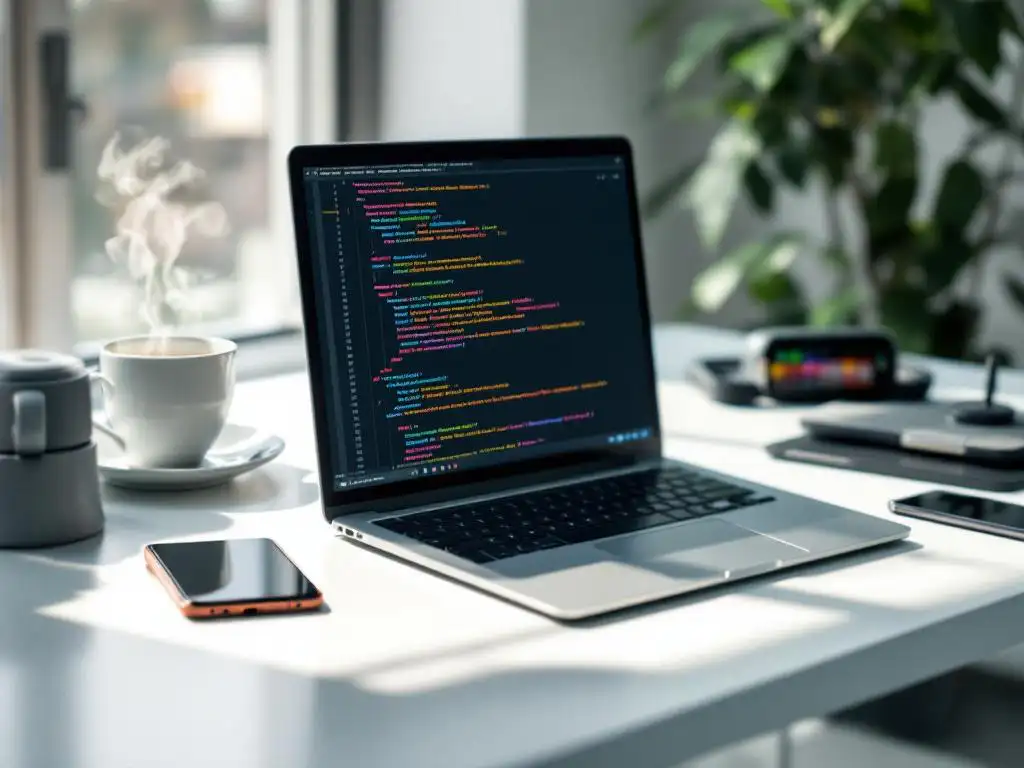 Laptop met kleurrijke code op scherm omringd door smartphone, tablet en koffiekop op wit bureau bij raam