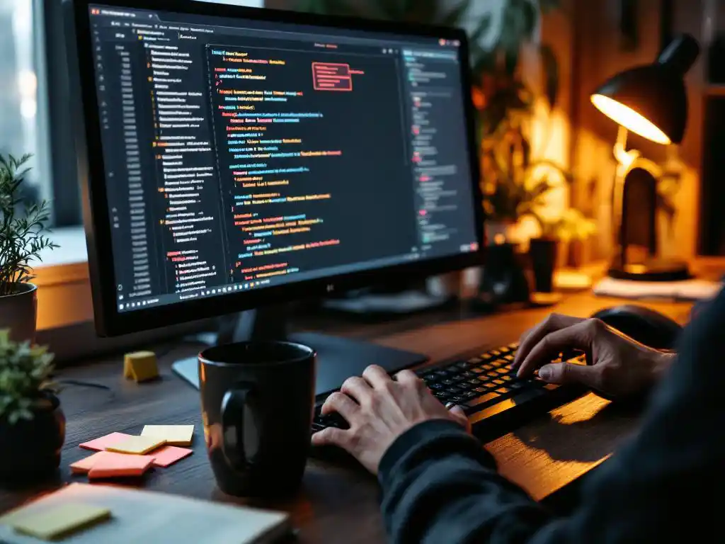 Programmeur typt op mechanisch toetsenbord met code en testautomatisering op monitor, sticky notes met testmethodologieën