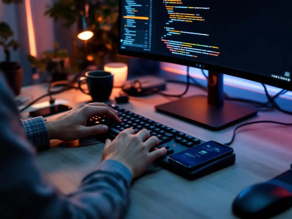 Programmeur typt code op mechanisch toetsenbord met monitor, smartphone en koffie op bureau