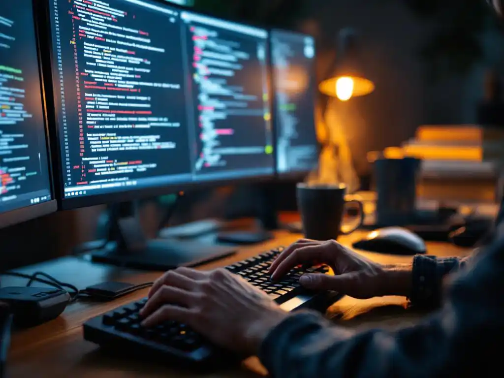 Programmeur typt code op mechanisch toetsenbord met meerdere monitoren die groene en rode testresultaten tonen