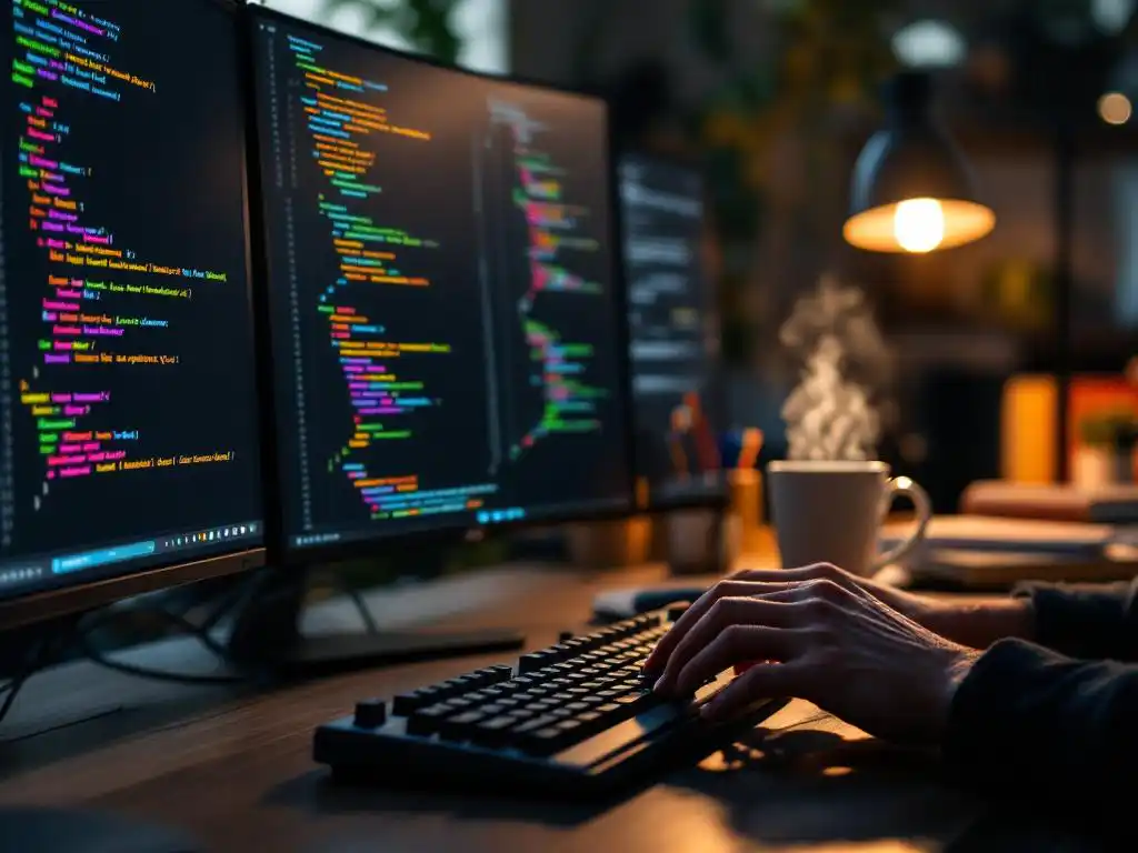 Programmeur typt op mechanisch toetsenbord met Python, Java en JavaScript code op meerdere monitoren, koffie op bureau