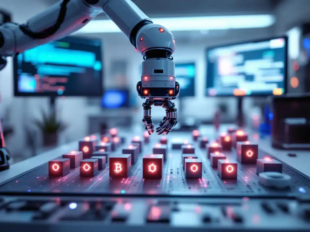 Robotarm plaatst blockchain-kubussen in testgrid op laboratoriumwerkbank met gloeiende LED-indicatoren en codeschermen