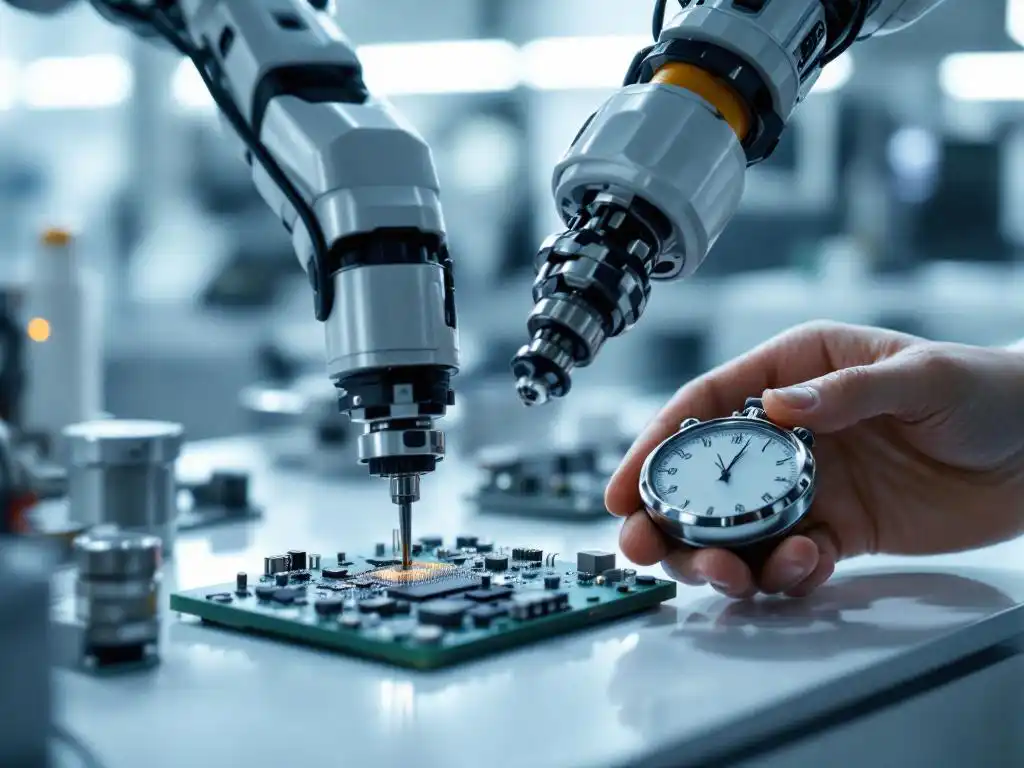 Robotarm voert kwaliteitscontrole uit op printplaat terwijl menselijke hand stopwatch vasthoudt in laboratorium