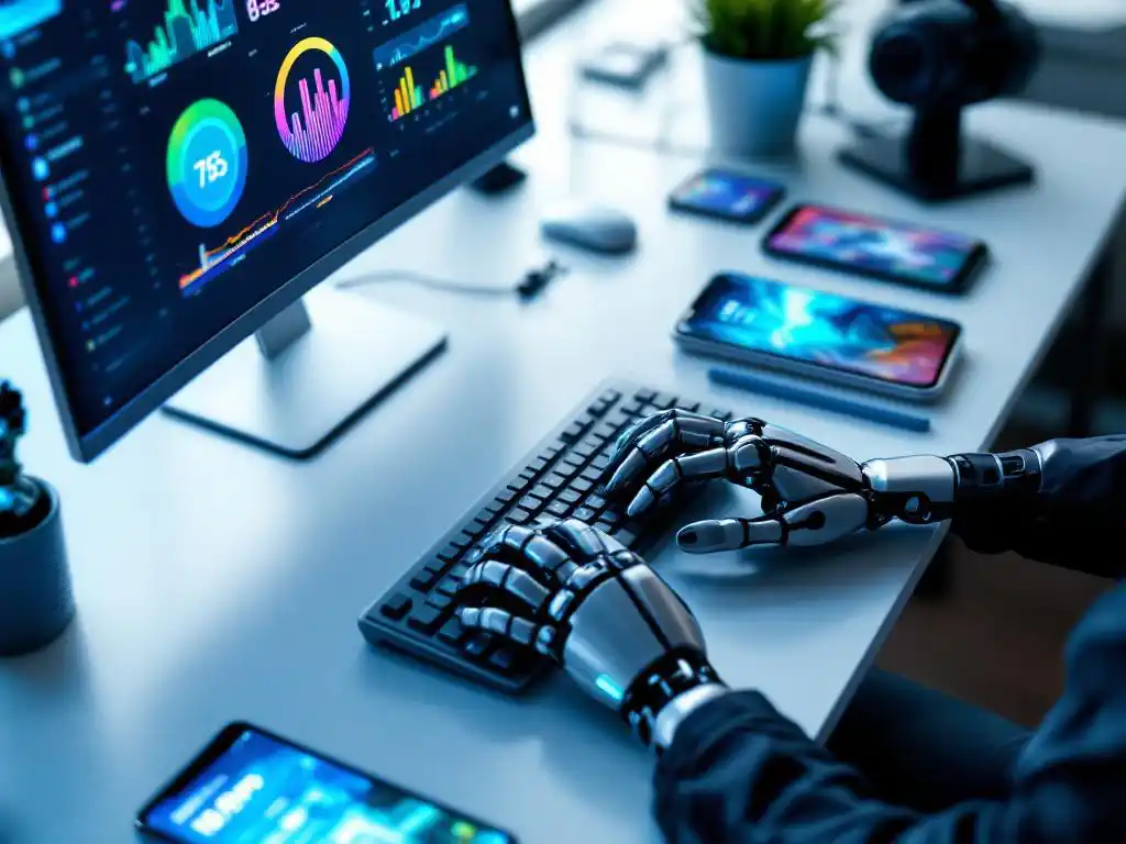Robotarm test toetsenbord terwijl monitor kleurrijke testresultaten toont, mobiele apparaten met app-interfaces op bureau