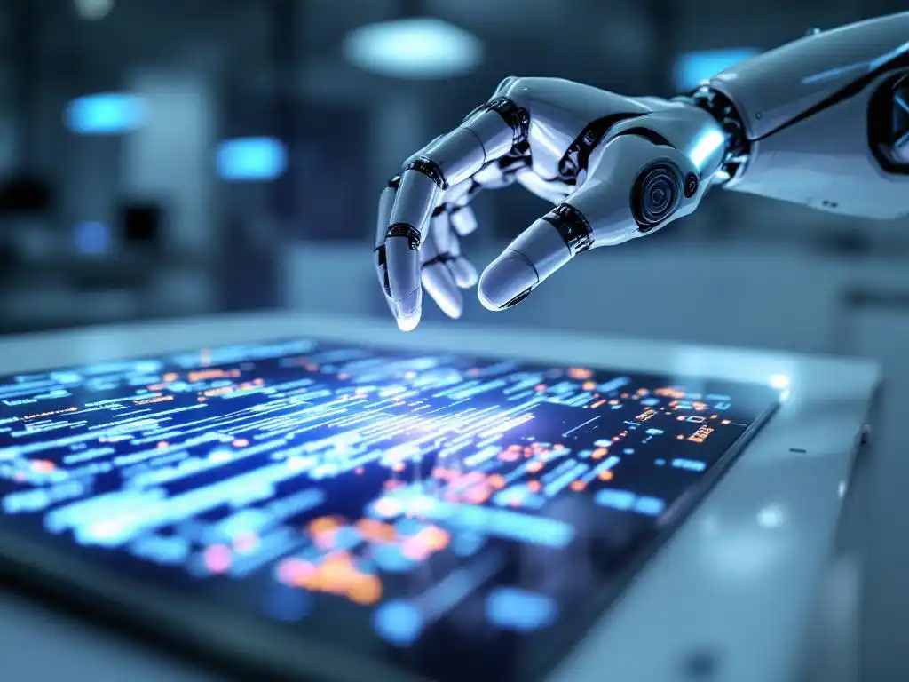 Robotarm houdt vergrootglas boven gloeiende code op holografisch scherm in modern laboratorium