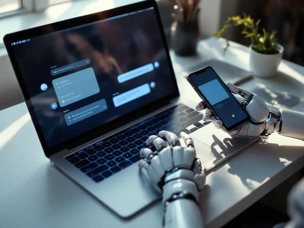 Robotische hand typt op laptop terwijl smartphone chatgesprek toont op wit bureau met blauw schermlicht