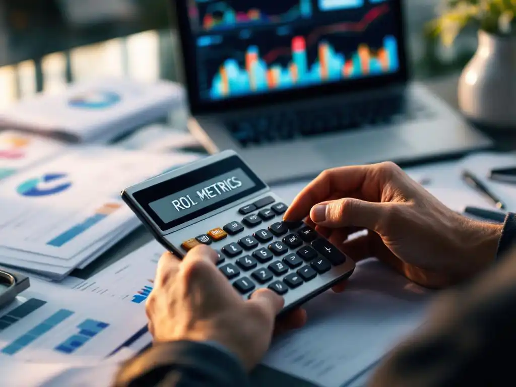 Bedrijfsanalist berekent ROI-statistieken op rekenmachine met automatiseringsrapporten en prestatiegrafieken op bureau