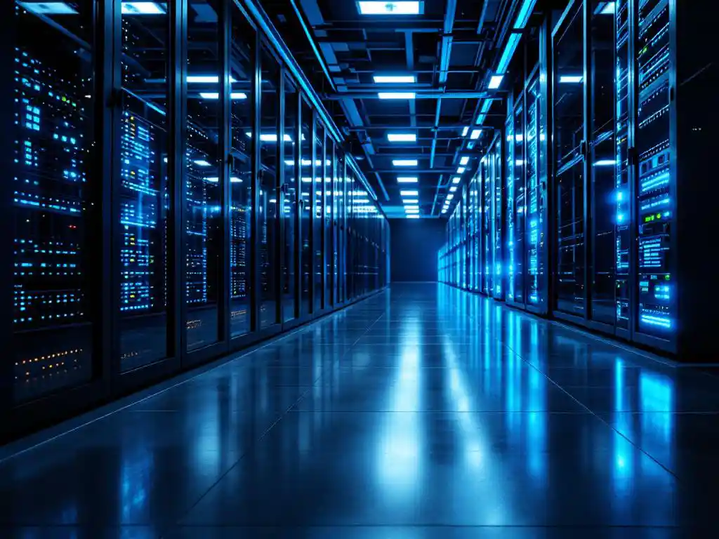 Moderne serverrack met blauwe LED-indicatoren in datacenter, glasvezelkabels en groene statuslampjes op testapparatuur