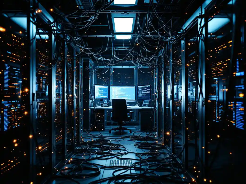 Computerserverruimte met verwarde ethernetkabels rond testapparatuur, werkstation met code op meerdere monitoren