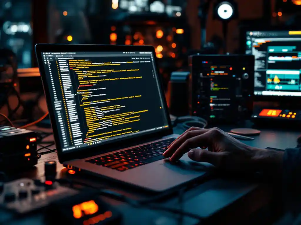 Laptop met smart contract code op scherm, omringd door testapparatuur en printplaten op moderne werkplek