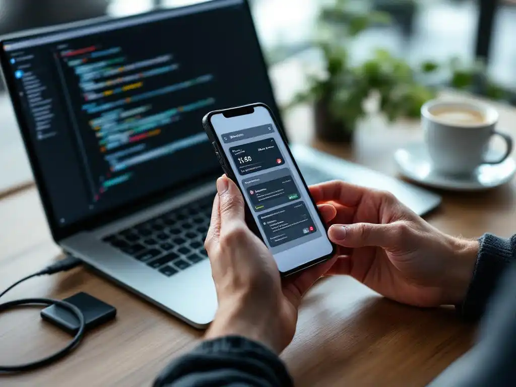 Smartphone met app-interface verbonden via USB-kabel met laptop die geautomatiseerde testcode toont op bureau