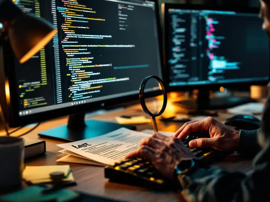 Softwareontwikkelaar typt code op mechanisch toetsenbord terwijl hij vergrootglas over testdocumentatie houdt