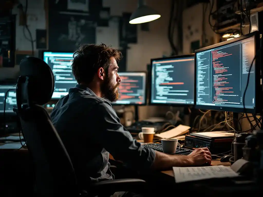 Gefrustreerde softwareontwikkelaar staart naar computerschermen met rode foutmeldingen op rommelig bureau