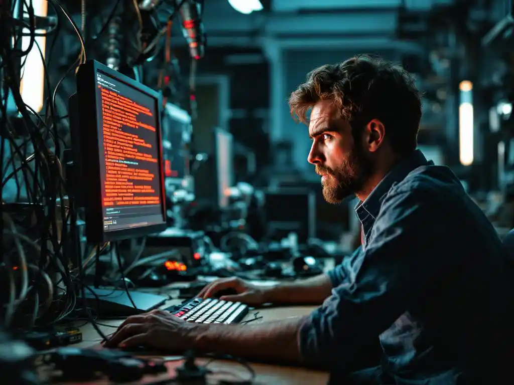 Gefrustreerde softwareontwikkelaar staart naar computerscherm met rode foutmeldingen op rommelig bureau vol kapotte apparatuur