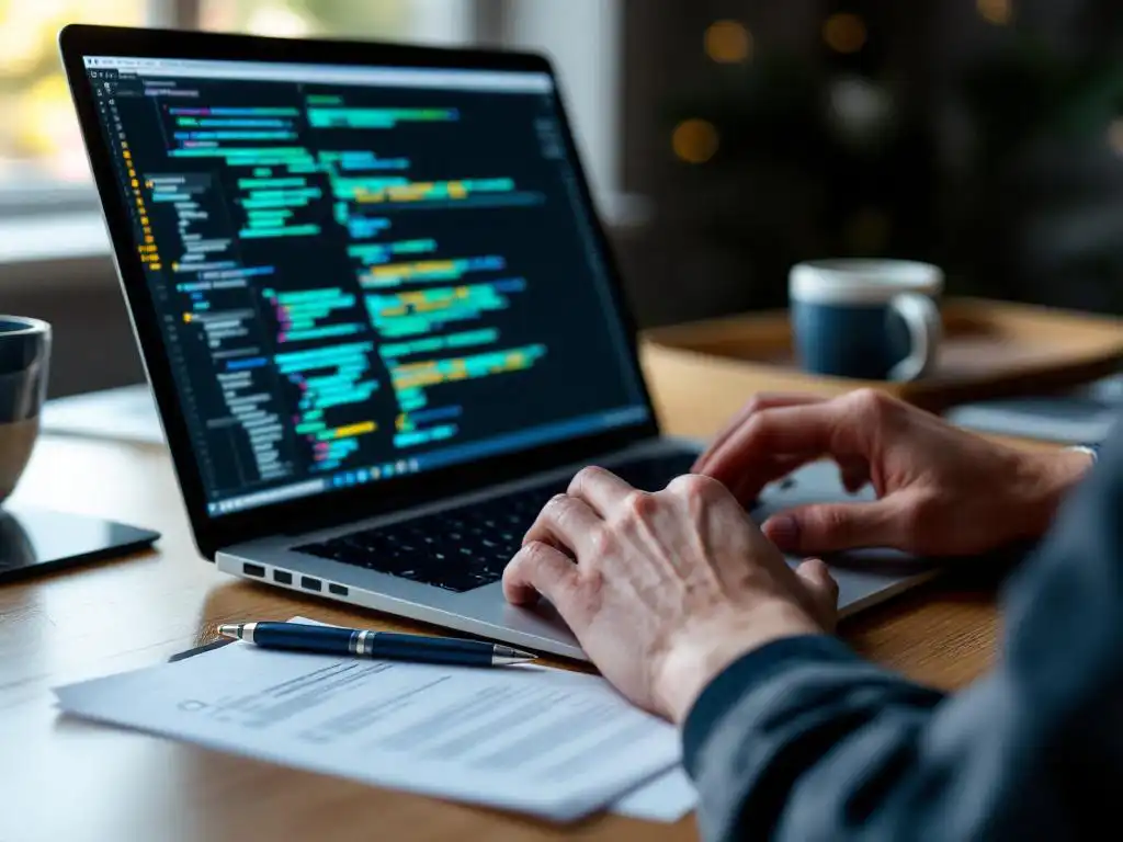 Softwareontwikkelaar typt geautomatiseerde testcode op laptop, handmatige testchecklist met pen eronder doorgestreept