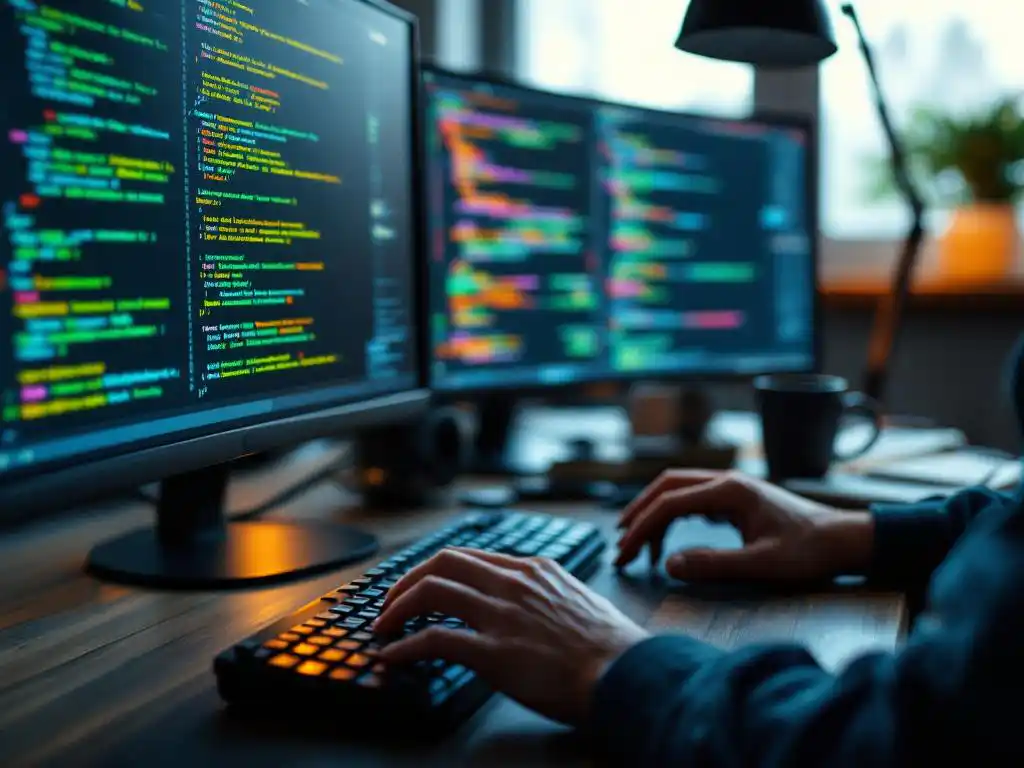 Softwareontwikkelaar typt op mechanisch toetsenbord met meerdere monitors vol kleurrijke code en testdata